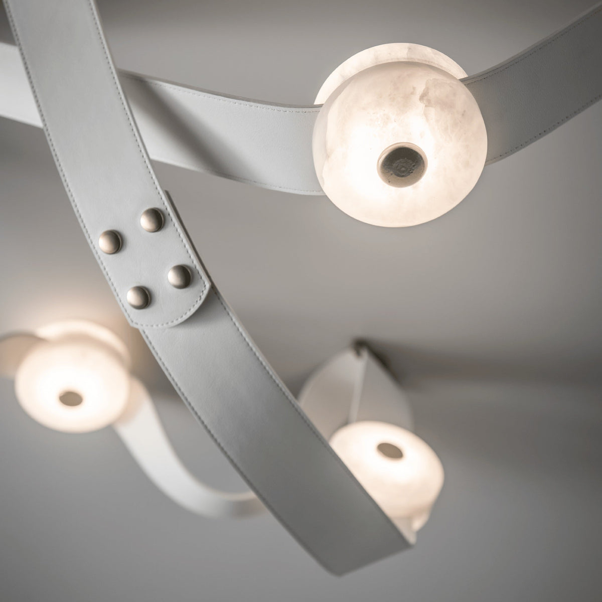 Snaps LED Chandelier - Fine Leather & Natural Alabaster Statement Light | Modern Architectural Chandelier