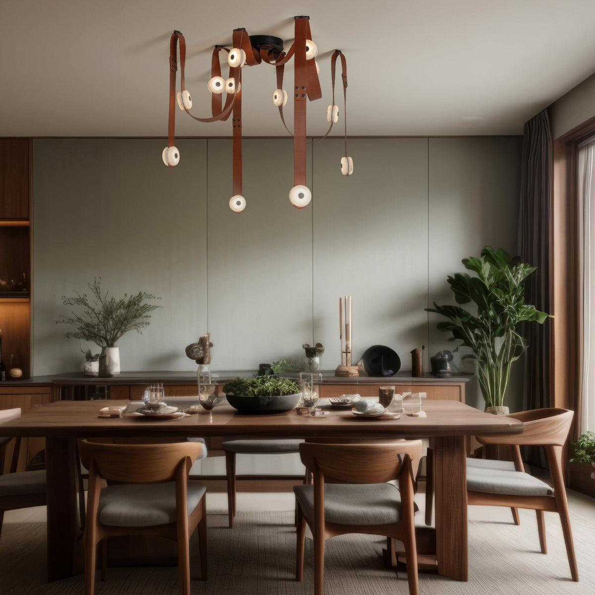 Snaps LED Chandelier - Fine Leather & Natural Alabaster Statement Light | Modern Architectural Chandelier