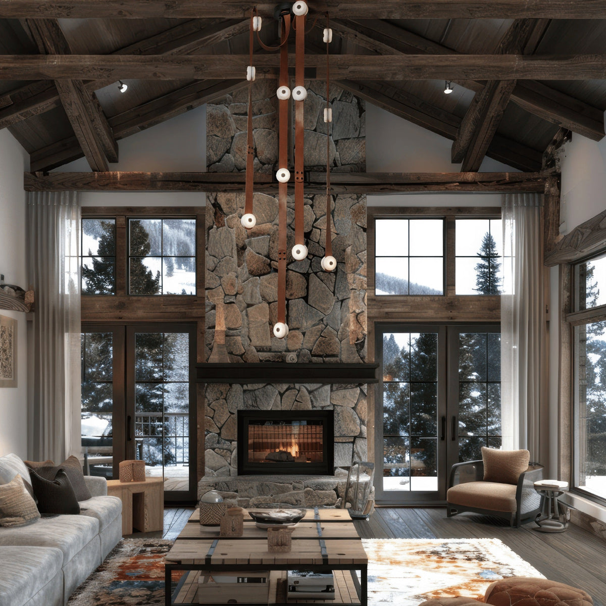 Snaps LED Chandelier - Fine Leather & Natural Alabaster Statement Light | Modern Architectural Chandelier