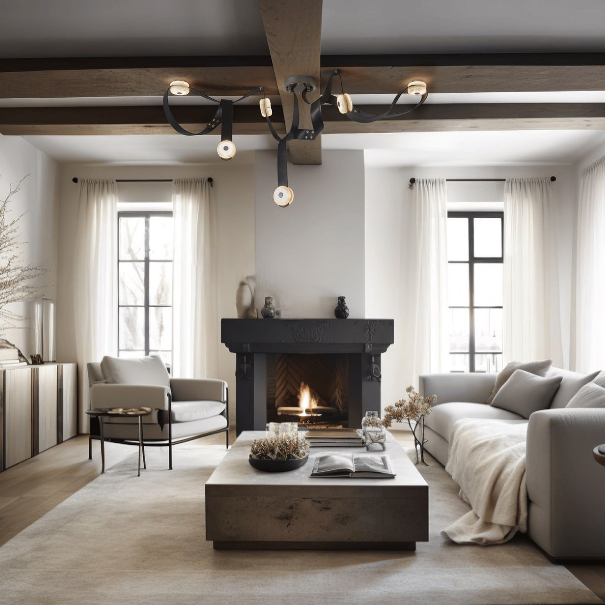 Snaps LED Chandelier - Fine Leather & Natural Alabaster Statement Light | Modern Architectural Chandelier