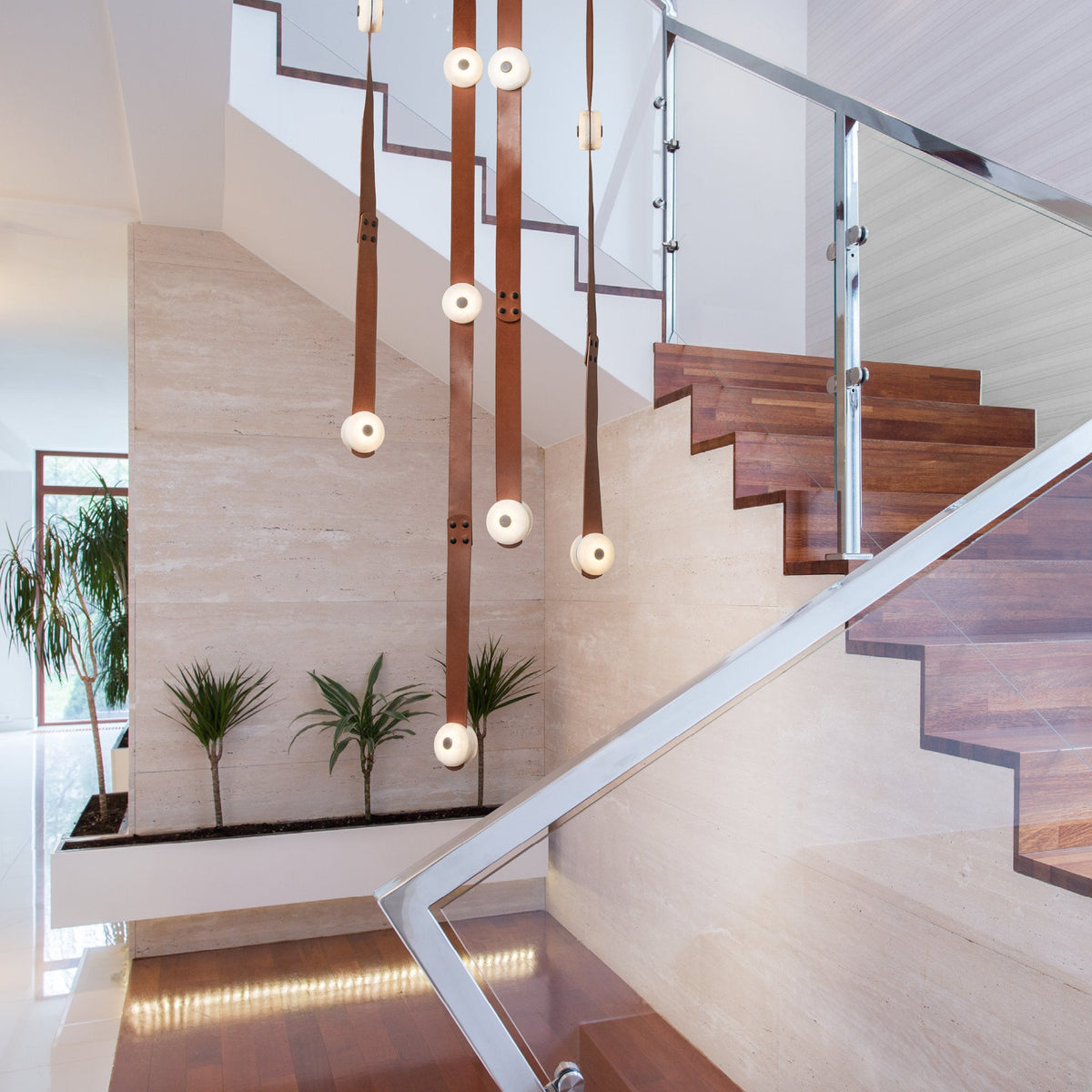 Snaps LED Chandelier - Fine Leather & Natural Alabaster Statement Light | Modern Architectural Chandelier