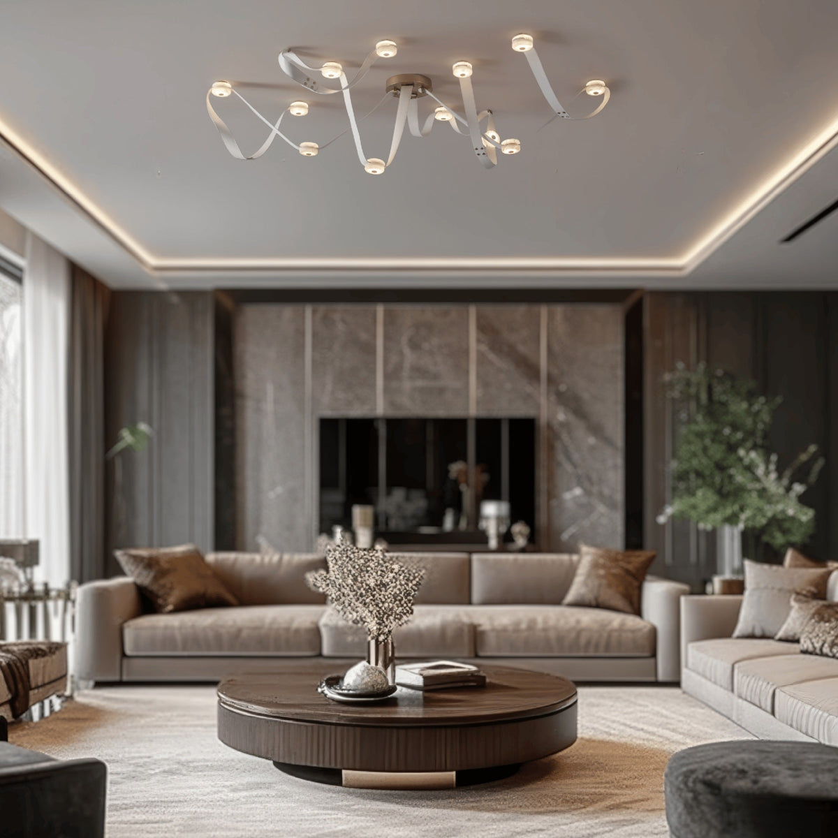 Snaps LED Chandelier - Fine Leather & Natural Alabaster Statement Light | Modern Architectural Chandelier