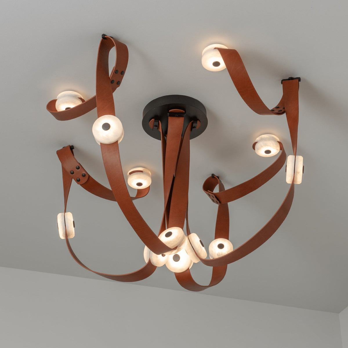 Snaps LED Chandelier - Fine Leather & Natural Alabaster Statement Light | Modern Architectural Chandelier