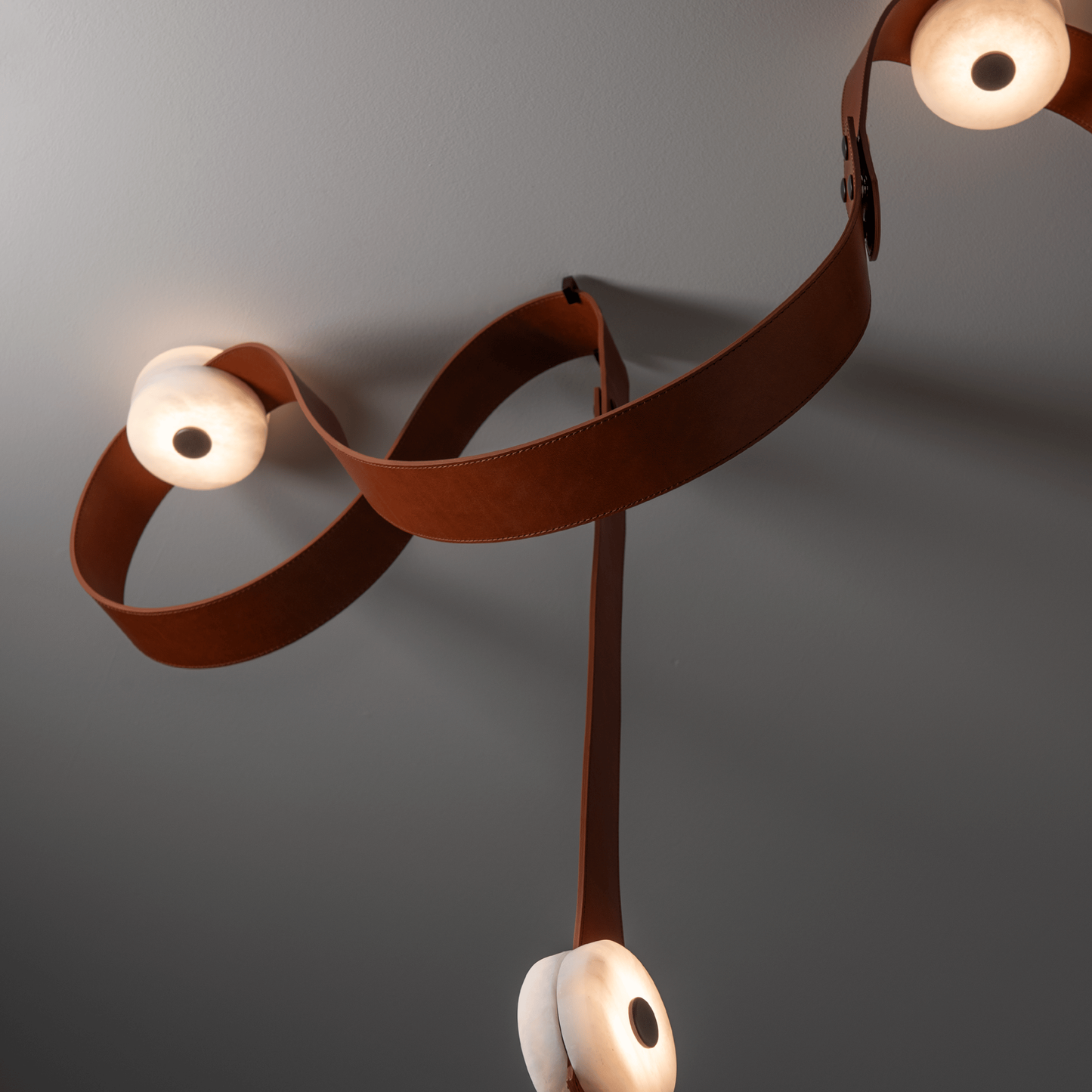 Snaps LED Floor-to-Ceiling Lamp - Fine Leather & Alabaster Plug-in Tension Light | Modern Floor Light