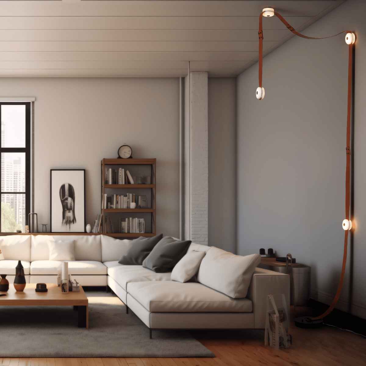 Snaps LED Floor-to-Ceiling Lamp - Fine Leather & Alabaster Plug-in Tension Light | Modern Floor Light