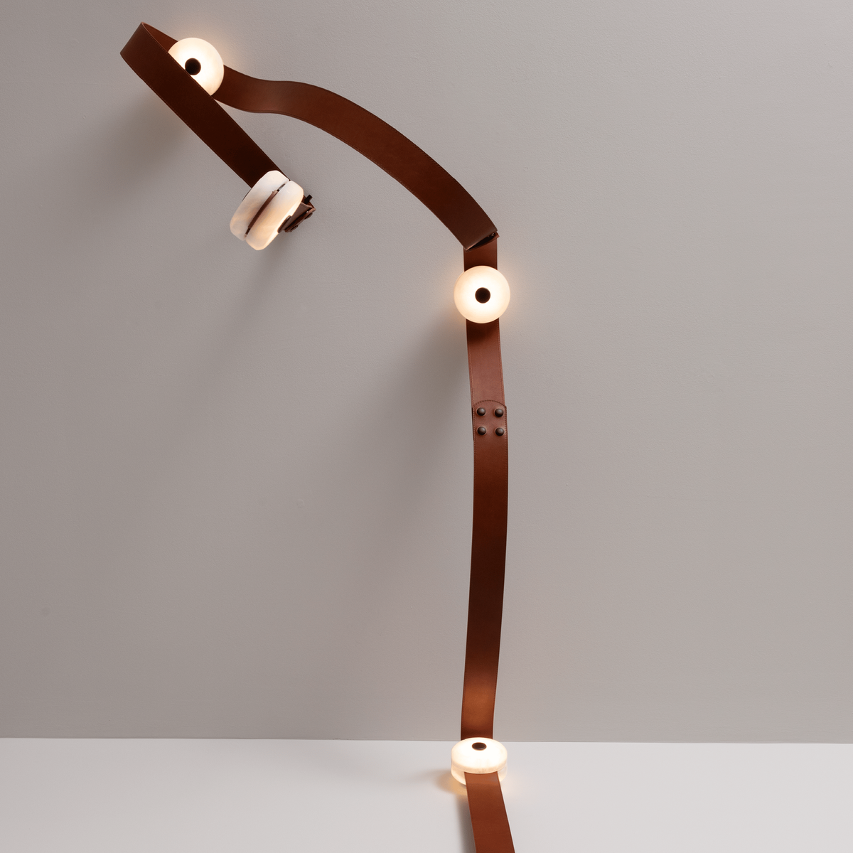 Snaps LED Floor-to-Ceiling Lamp - Fine Leather & Alabaster Plug-in Tension Light | Modern Floor Light