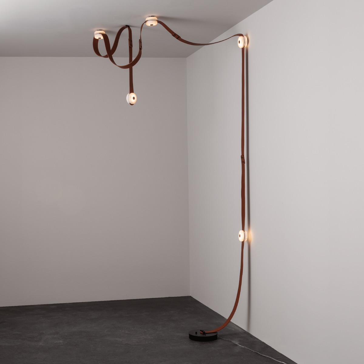 Snaps LED Floor-to-Ceiling Lamp - Fine Leather & Alabaster Plug-in Tension Light | Modern Floor Light