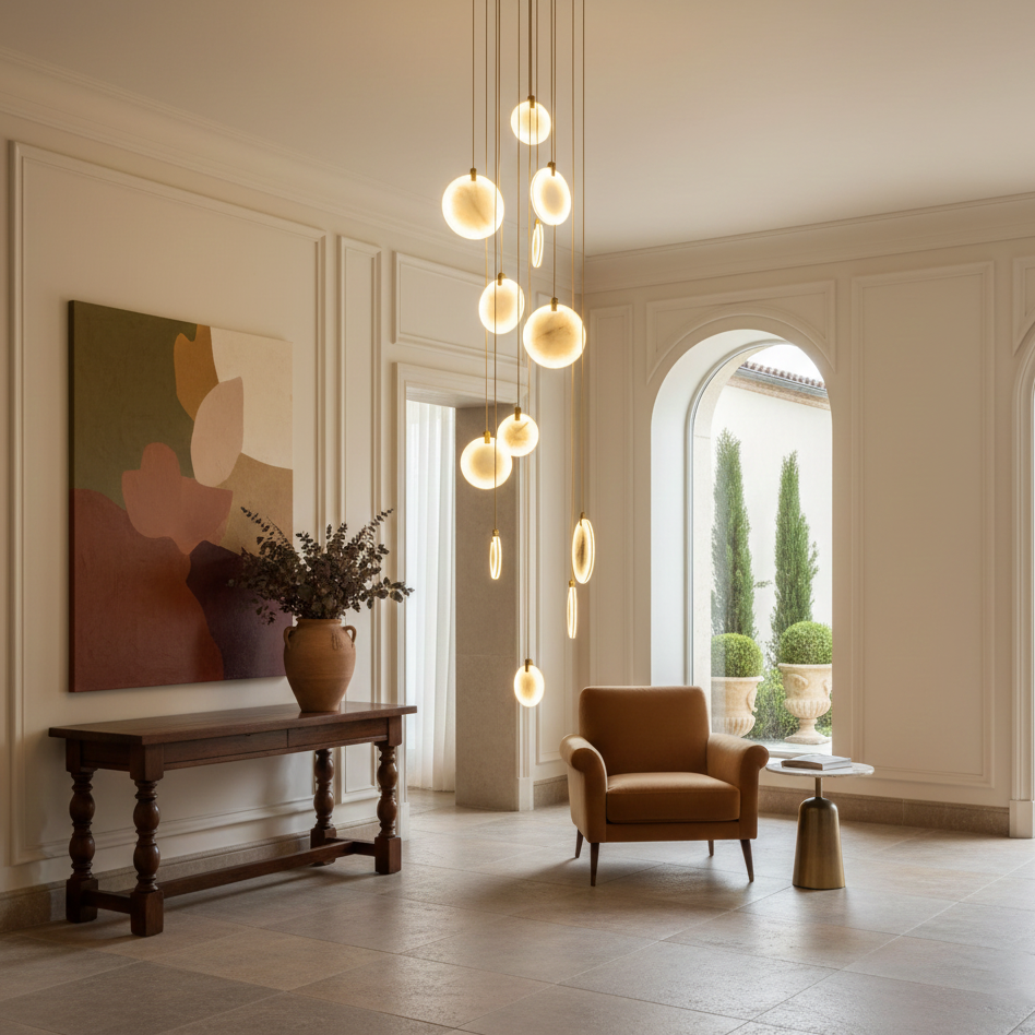 Soho Alabaster Pendant Light - Natural Stone Twin Disc Pendant | Brass & Alabaster Overhead Light