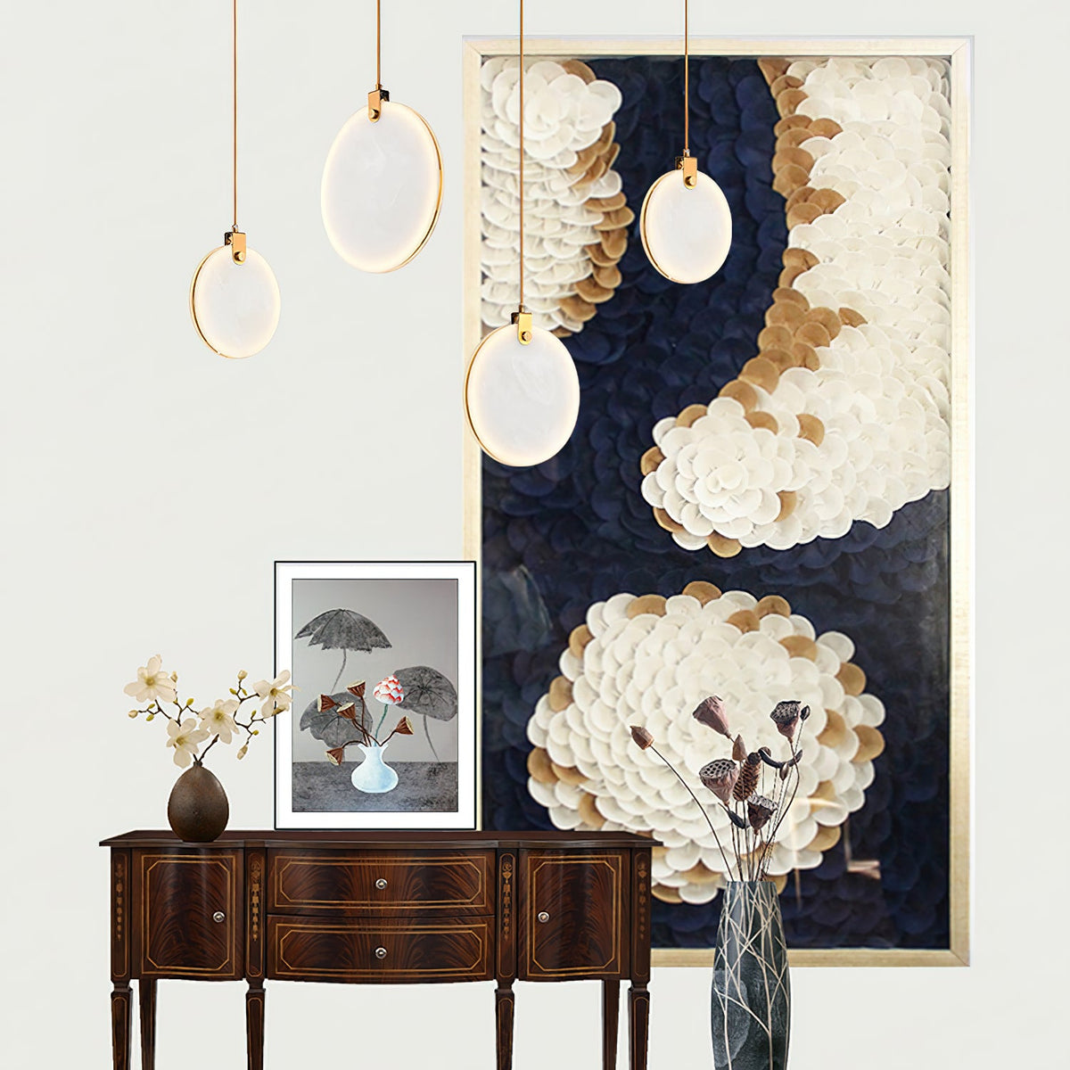 Soho Alabaster Pendant Light - Natural Stone Twin Disc Pendant | Brass & Alabaster Overhead Light