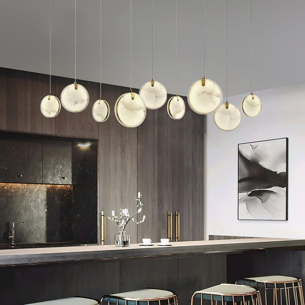 Soho Alabaster Pendant Light - Natural Stone Twin Disc Pendant | Brass & Alabaster Overhead Light