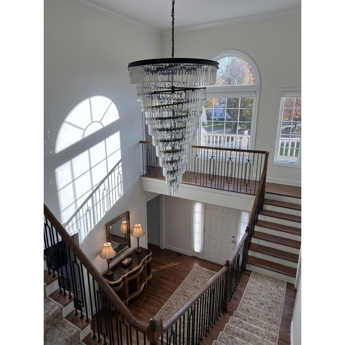 Spiral Tiered Layered Crystal Chandelier - Cascading Crystal Prism Overhead Light | Grand Entryway Foyer Lamp
