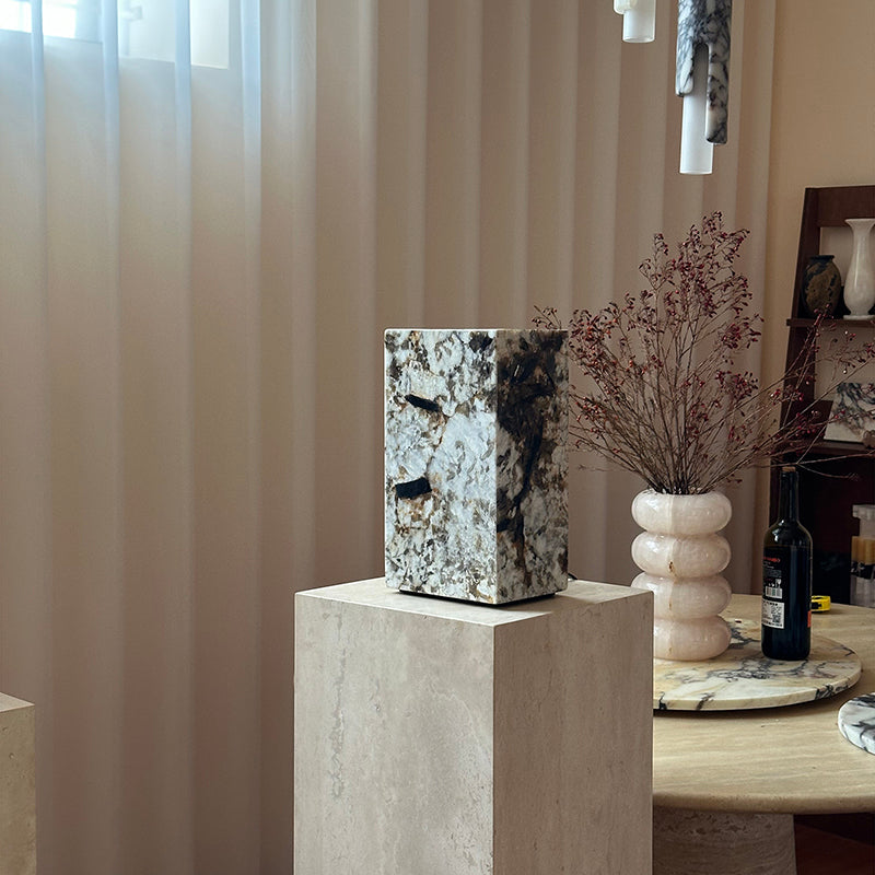 Square Stone Table Lamp - Pandora Marble Geometric Desk Lamp | Modern Natural Stone Accent Light