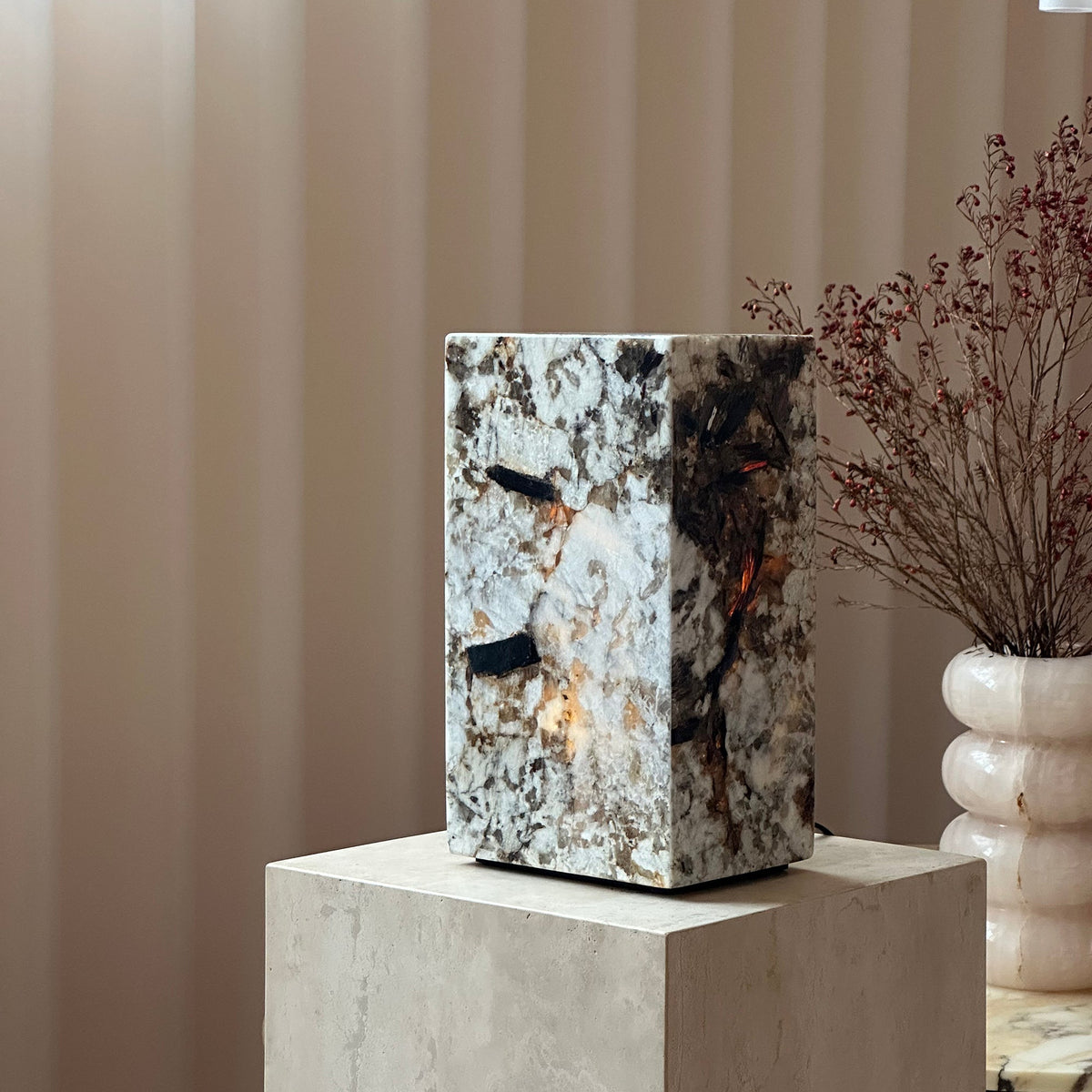 Square Stone Table Lamp - Pandora Marble Geometric Desk Lamp | Modern Natural Stone Accent Light