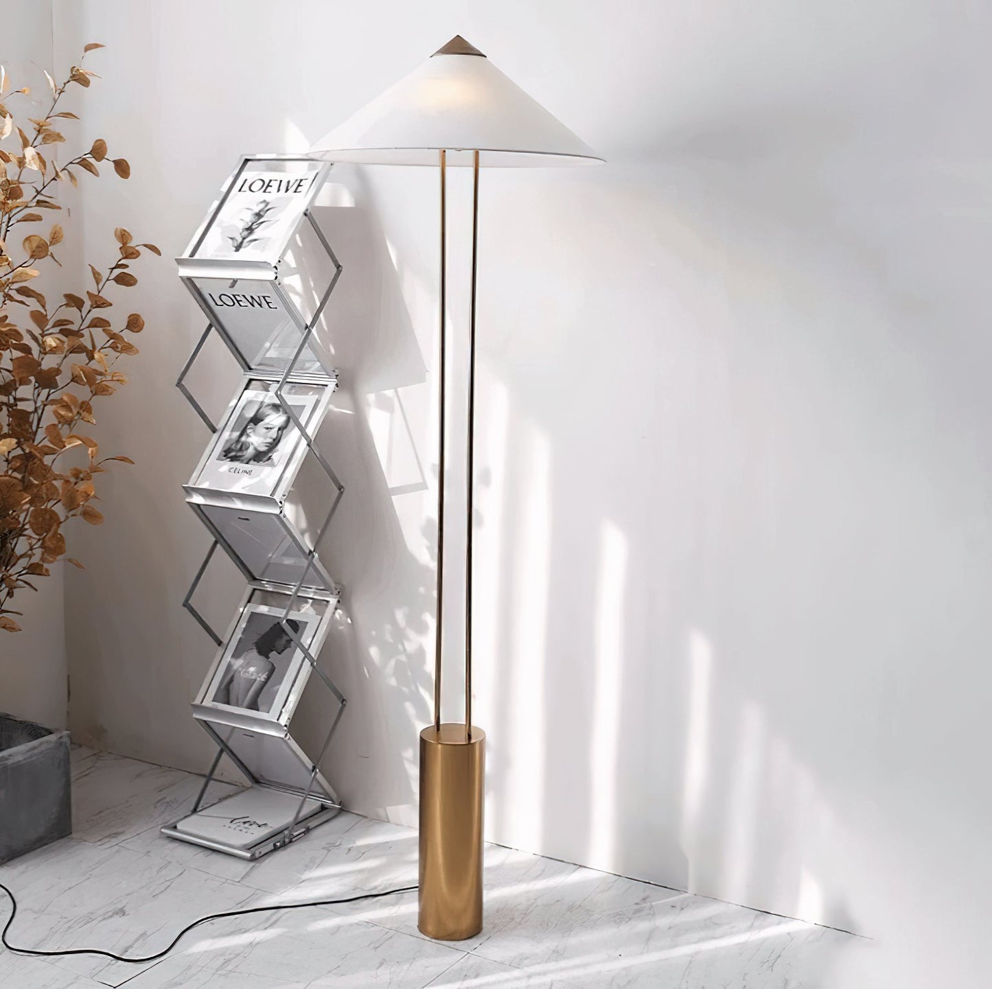 Staccato Floor Lamp - Twin Pillar Gold & White Linen Standing Lamp | Modern Slim Floor Light