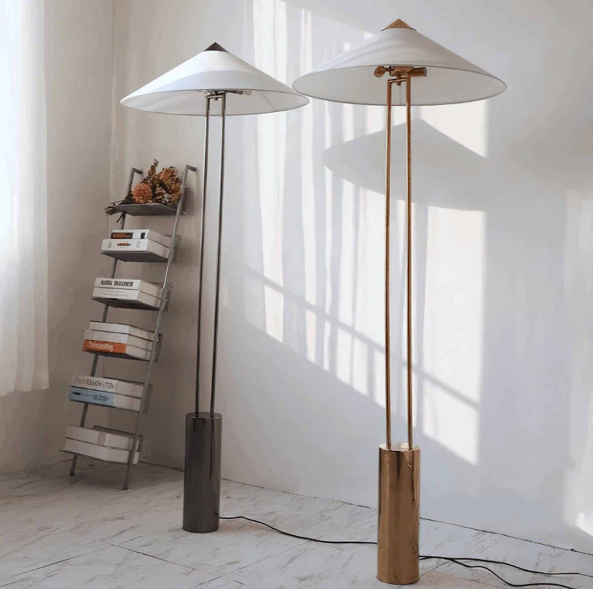 Staccato Floor Lamp - Twin Pillar Gold & White Linen Standing Lamp | Modern Slim Floor Light