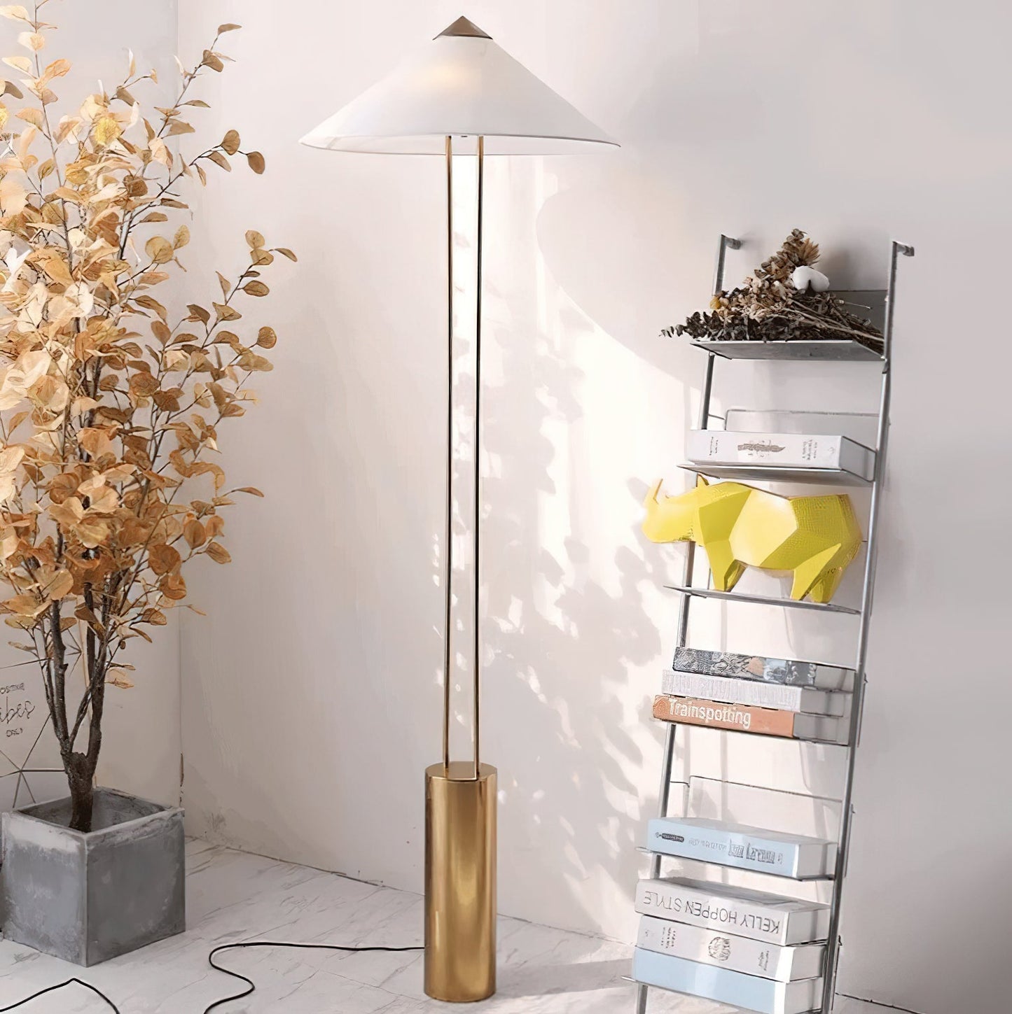 Staccato Floor Lamp - Twin Pillar Gold & White Linen Standing Lamp | Modern Slim Floor Light
