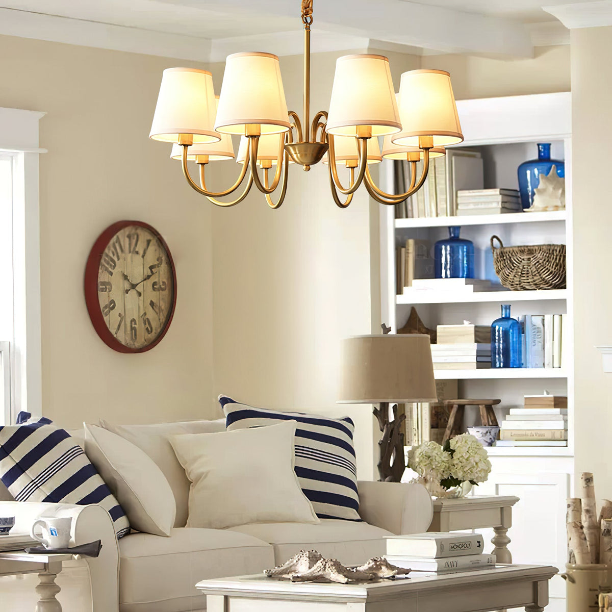Aged Stacey Chandelier – Transitional Brass & Tailored Linen Shade Candelabra Chandelier