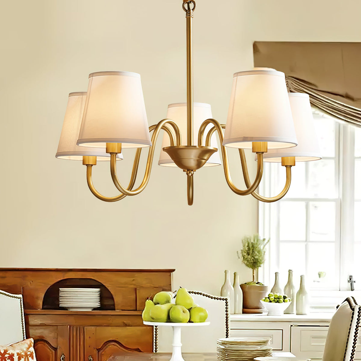 Aged Stacey Chandelier – Transitional Brass & Tailored Linen Shade Candelabra Chandelier