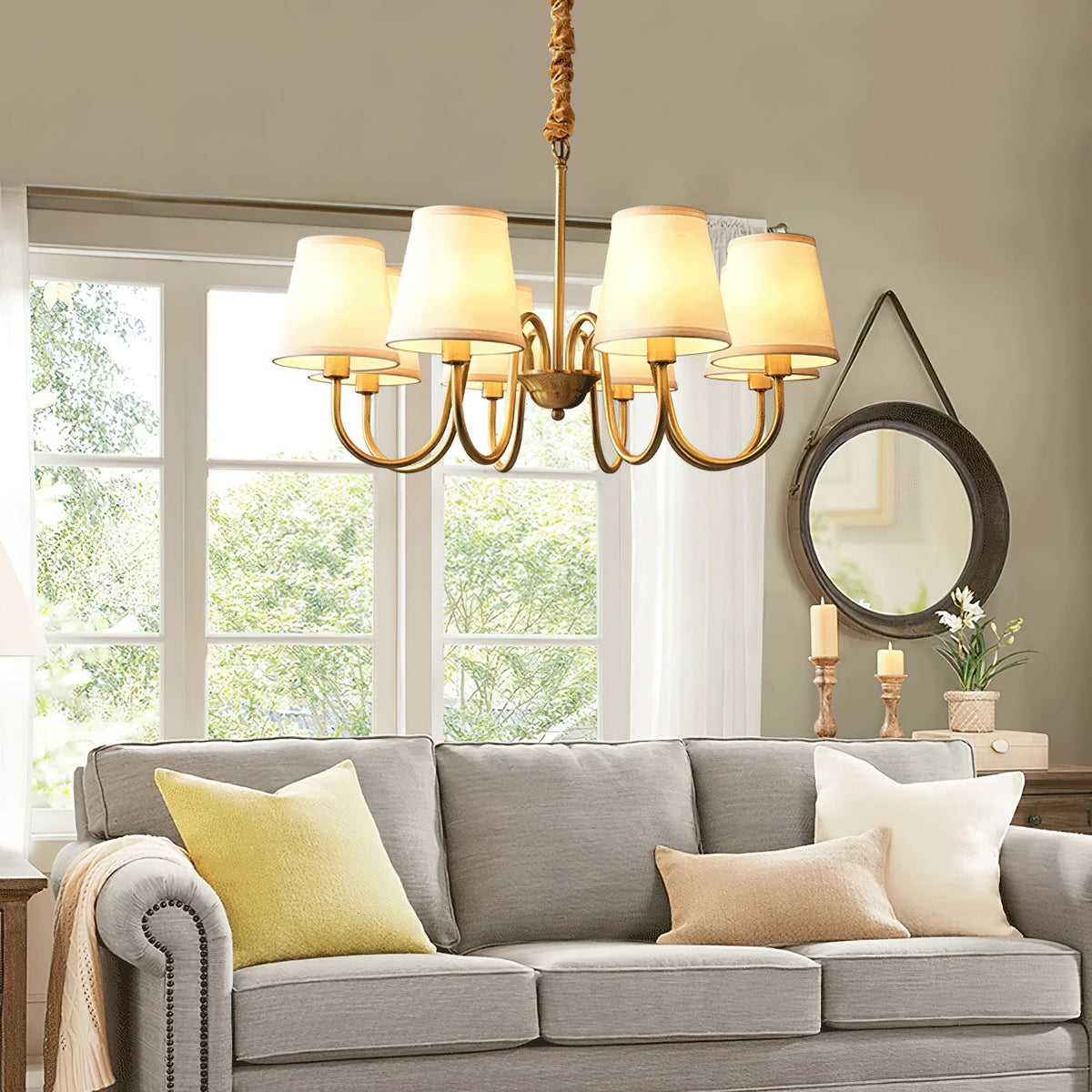 Aged Stacey Chandelier – Transitional Brass & Tailored Linen Shade Candelabra Chandelier