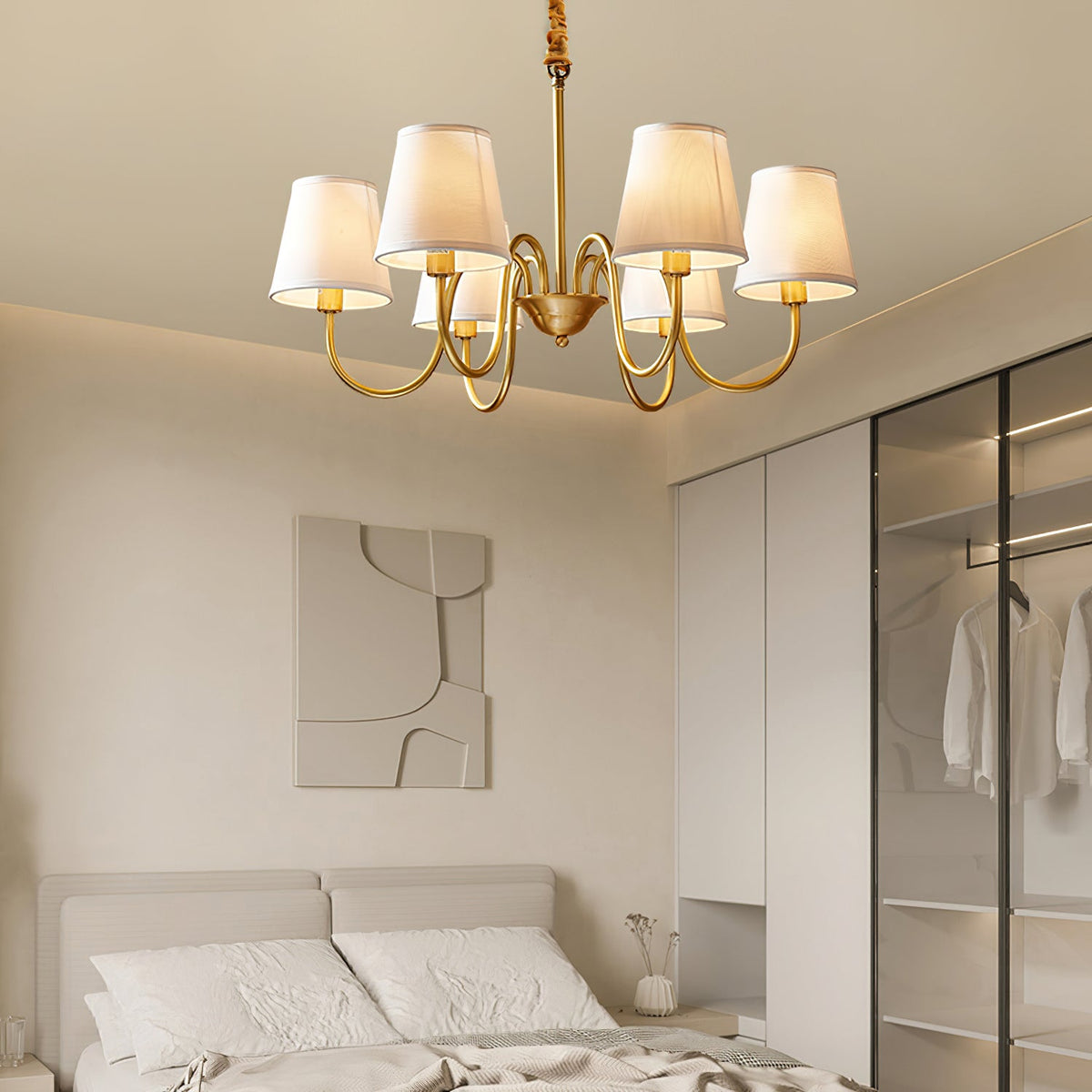 Aged Stacey Chandelier – Transitional Brass & Tailored Linen Shade Candelabra Chandelier