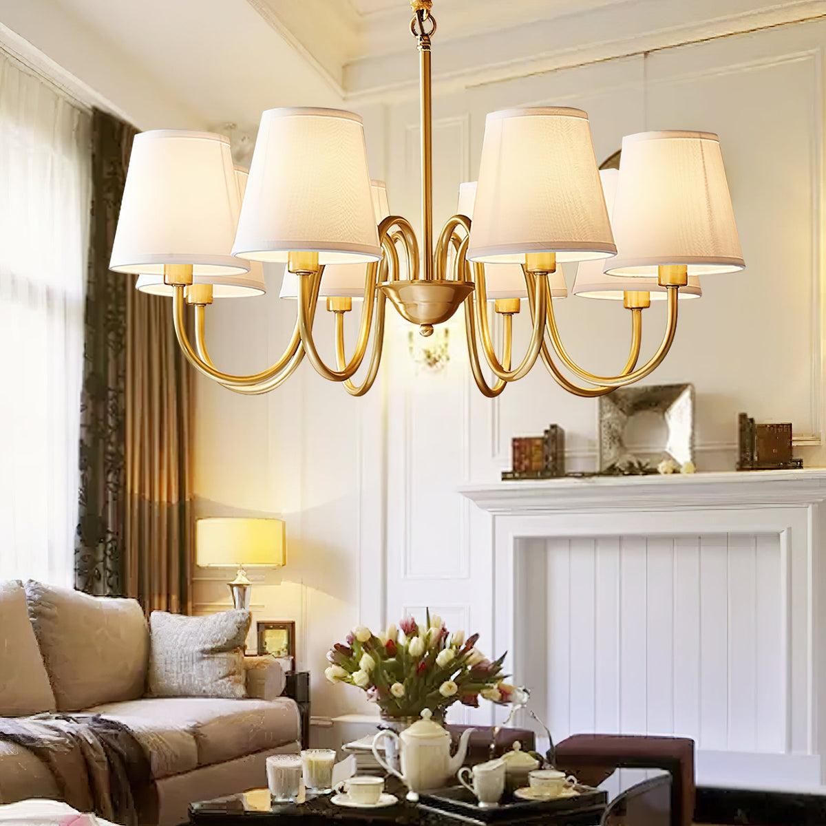 Aged Stacey Chandelier – Transitional Brass & Tailored Linen Shade Candelabra Chandelier