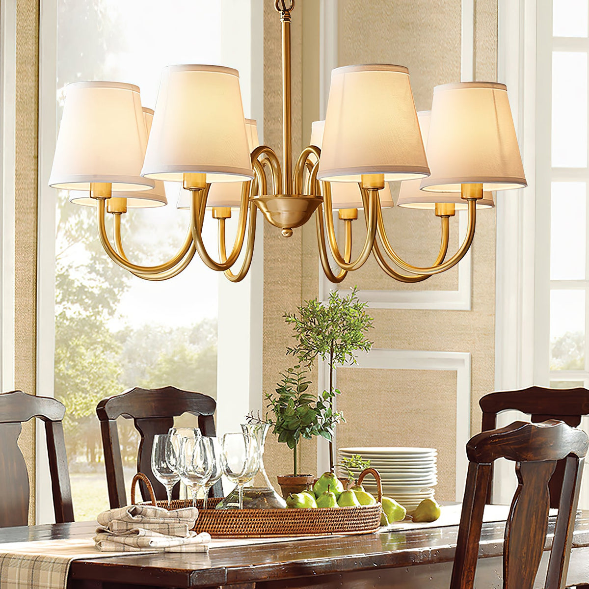 Aged Stacey Chandelier – Transitional Brass & Tailored Linen Shade Candelabra Chandelier