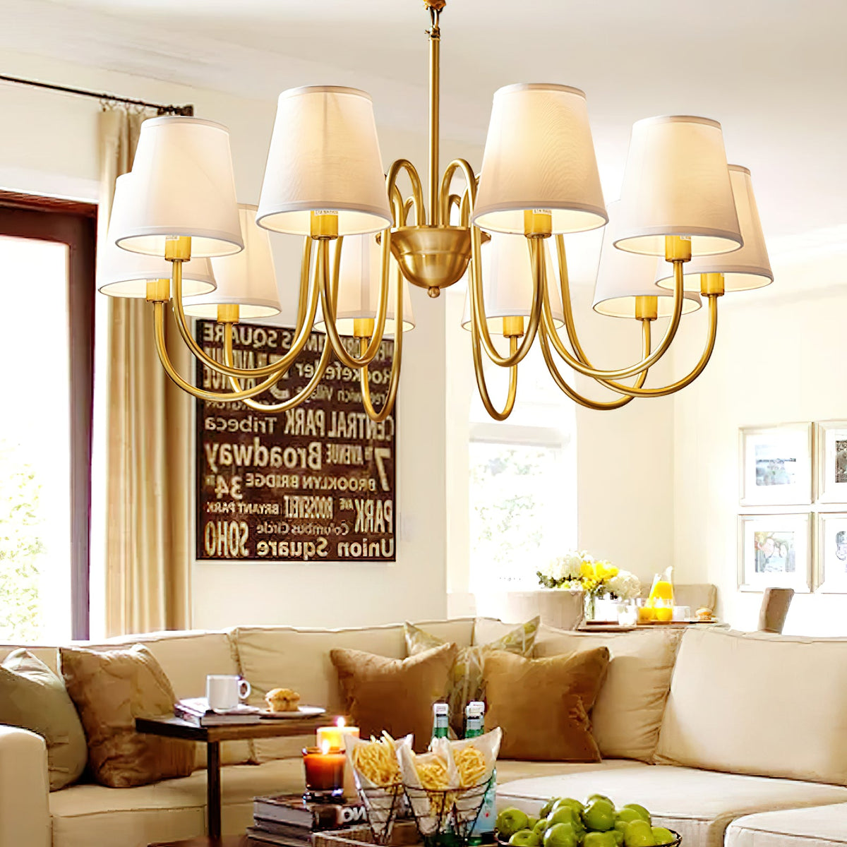 Aged Stacey Chandelier – Transitional Brass & Tailored Linen Shade Candelabra Chandelier