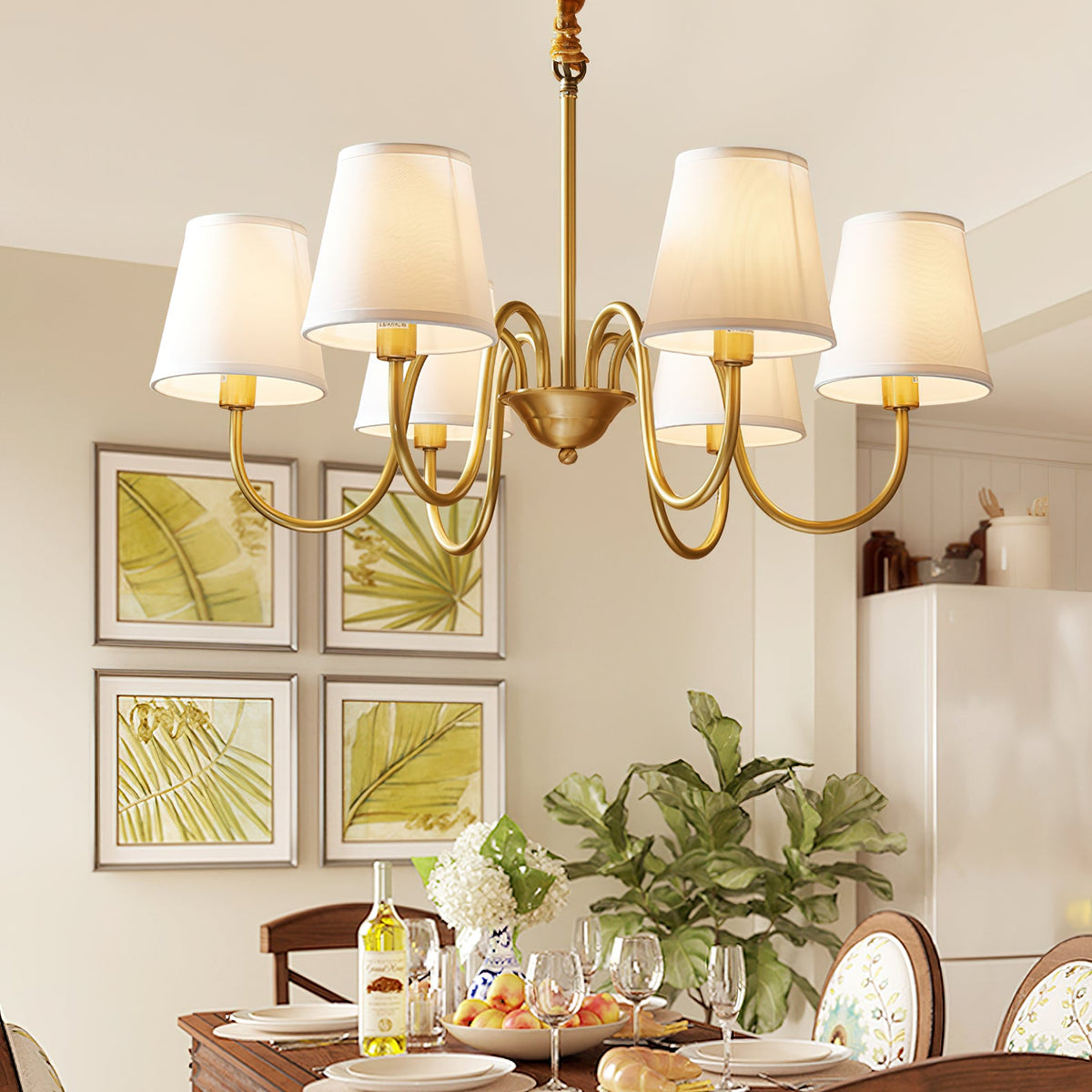 Aged Stacey Chandelier – Transitional Brass & Tailored Linen Shade Candelabra Chandelier