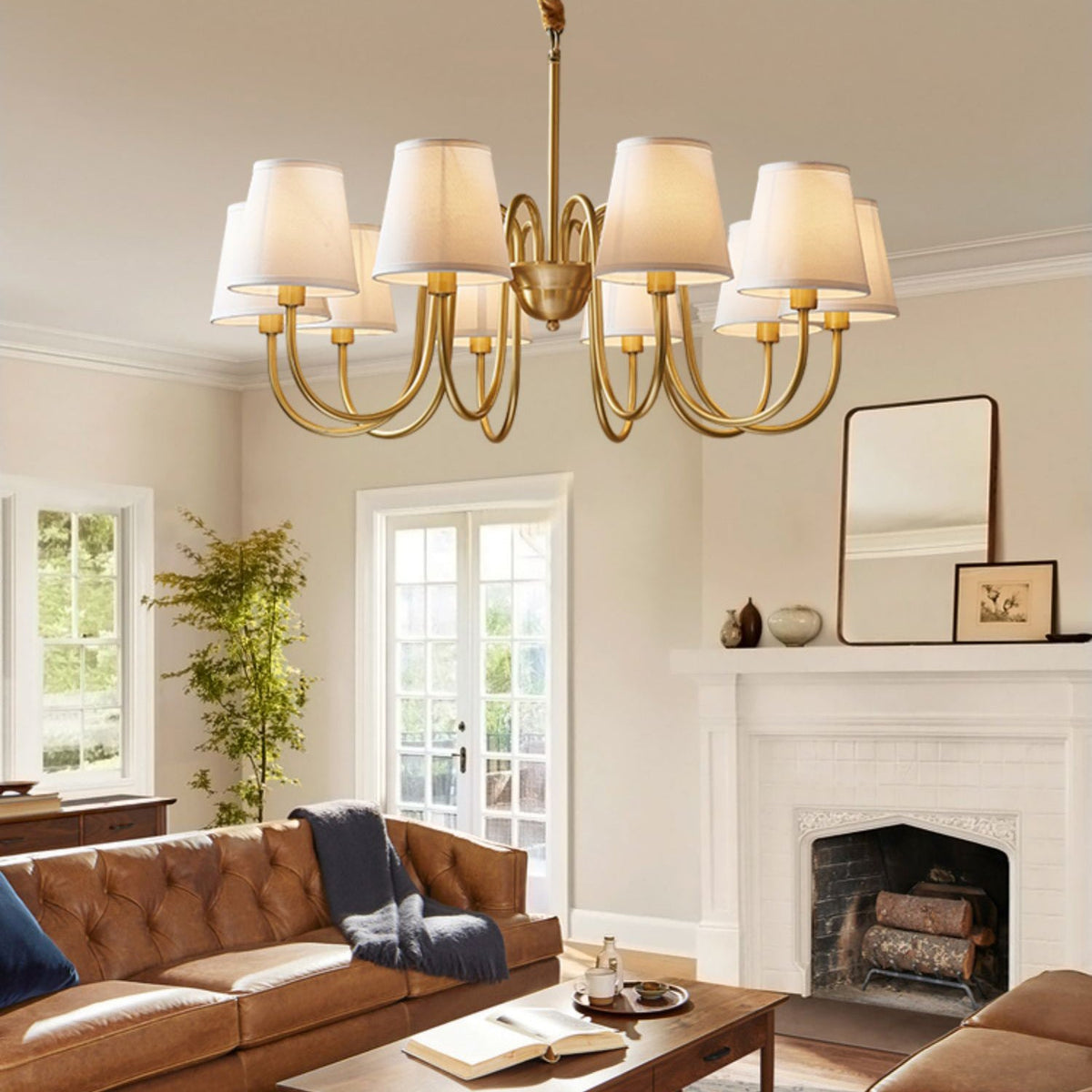 Aged Stacey Chandelier – Transitional Brass & Tailored Linen Shade Candelabra Chandelier