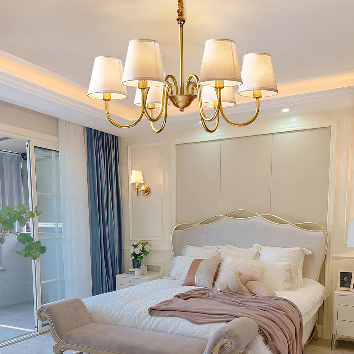 Aged Stacey Chandelier – Transitional Brass & Tailored Linen Shade Candelabra Chandelier
