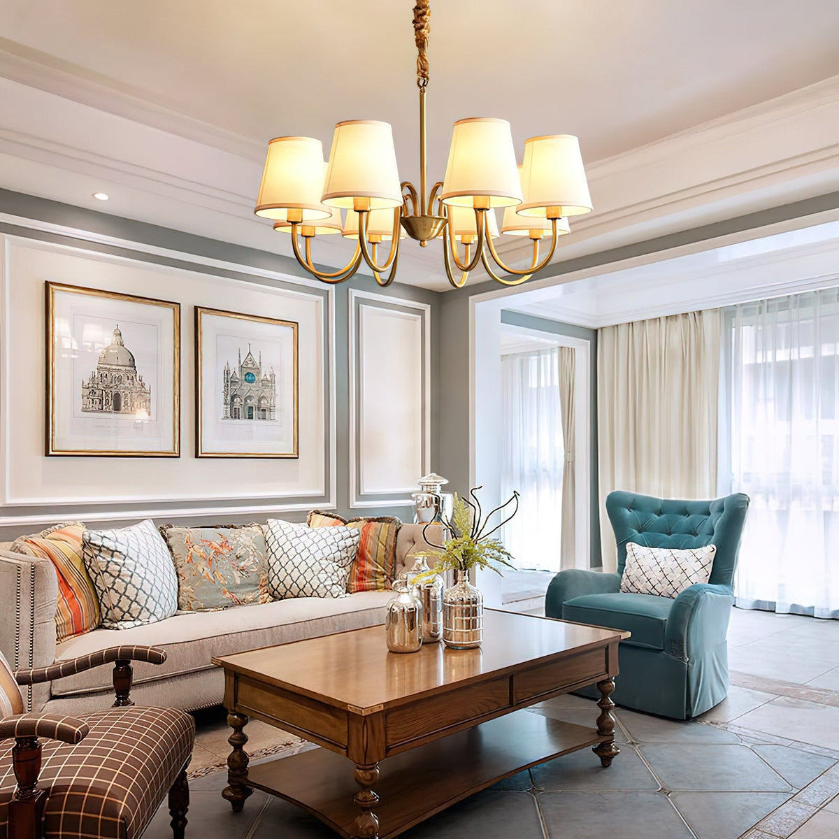 Aged Stacey Chandelier – Transitional Brass & Tailored Linen Shade Candelabra Chandelier