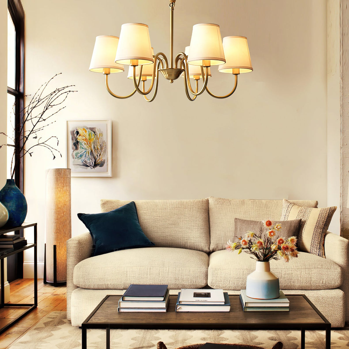Aged Stacey Chandelier – Transitional Brass & Tailored Linen Shade Candelabra Chandelier