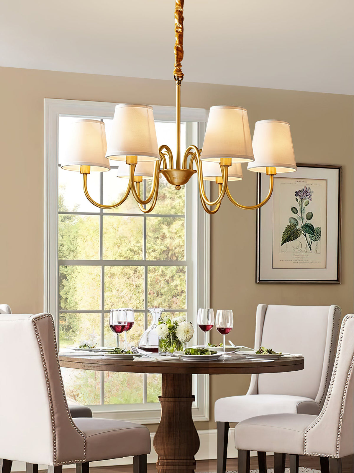 Aged Stacey Chandelier – Transitional Brass & Tailored Linen Shade Candelabra Chandelier
