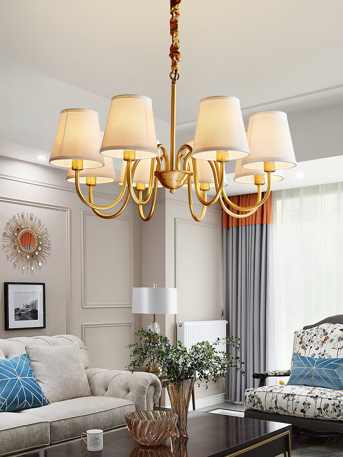 Aged Stacey Chandelier – Transitional Brass & Tailored Linen Shade Candelabra Chandelier
