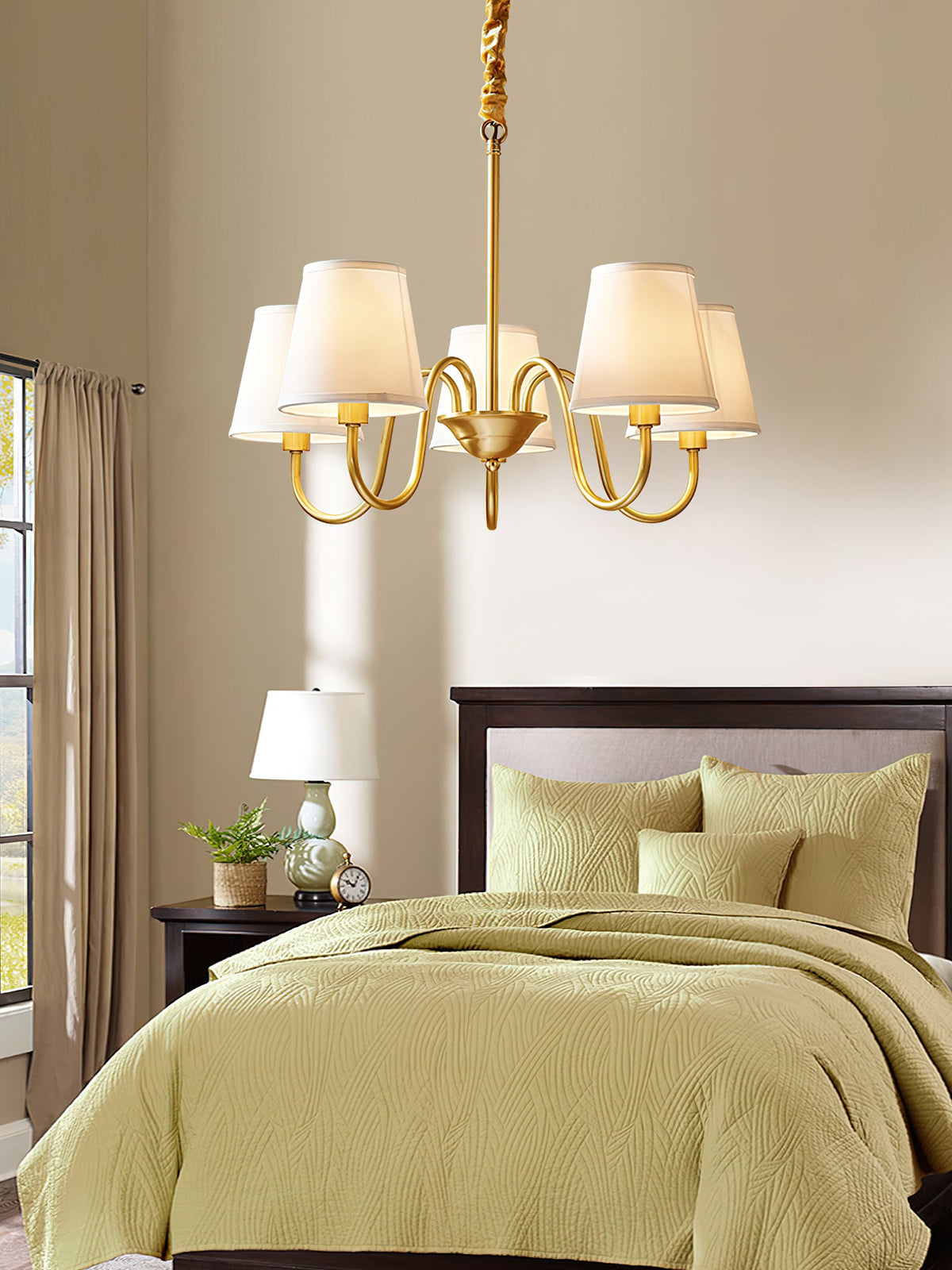 Aged Stacey Chandelier – Transitional Brass & Tailored Linen Shade Candelabra Chandelier