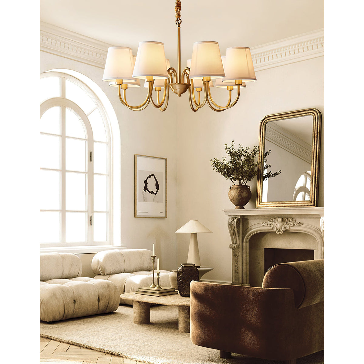 Aged Stacey Chandelier – Transitional Brass & Tailored Linen Shade Candelabra Chandelier