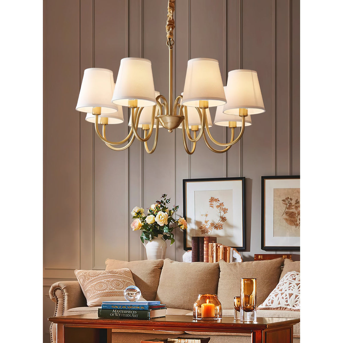 Aged Stacey Chandelier – Transitional Brass & Tailored Linen Shade Candelabra Chandelier