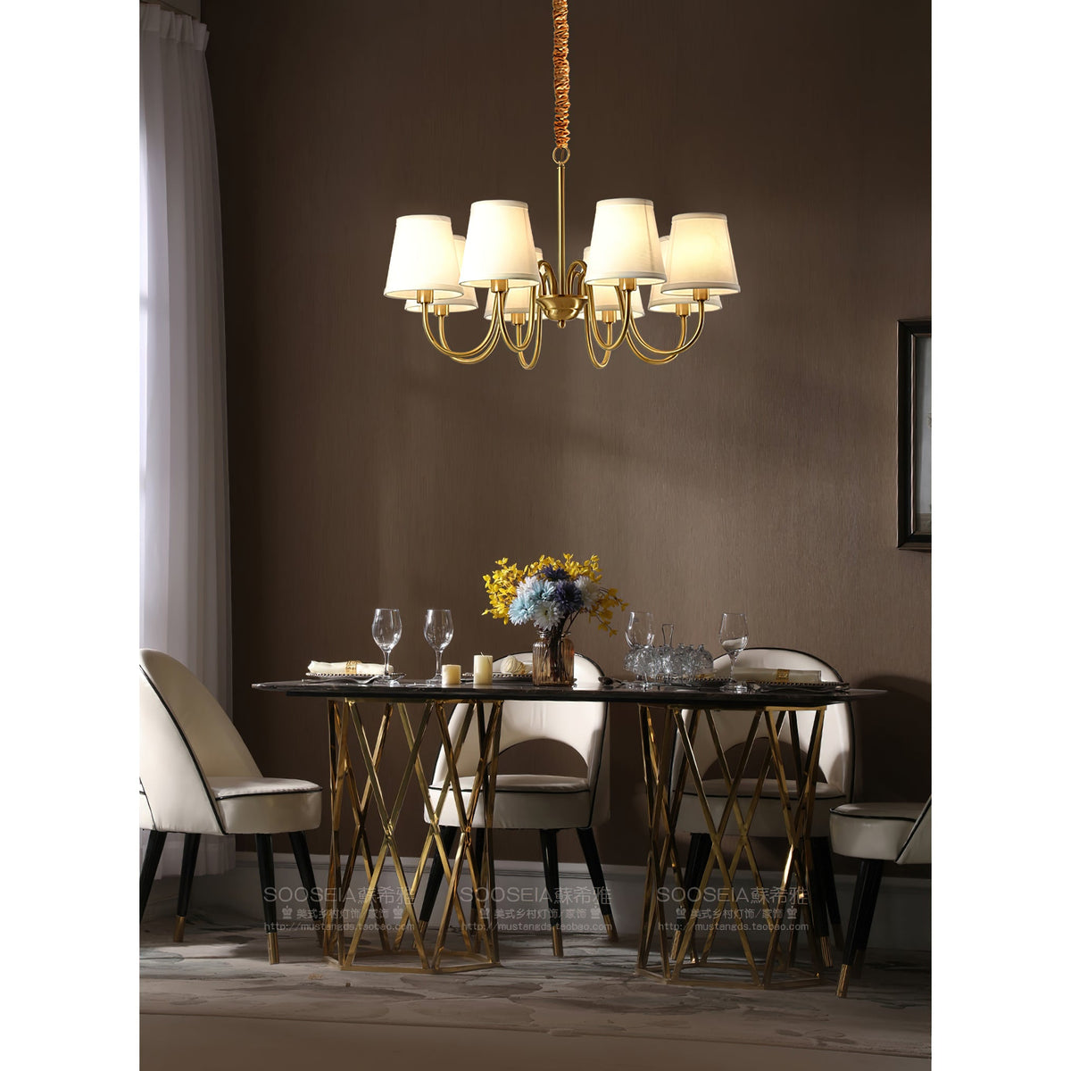 Aged Stacey Chandelier – Transitional Brass & Tailored Linen Shade Candelabra Chandelier