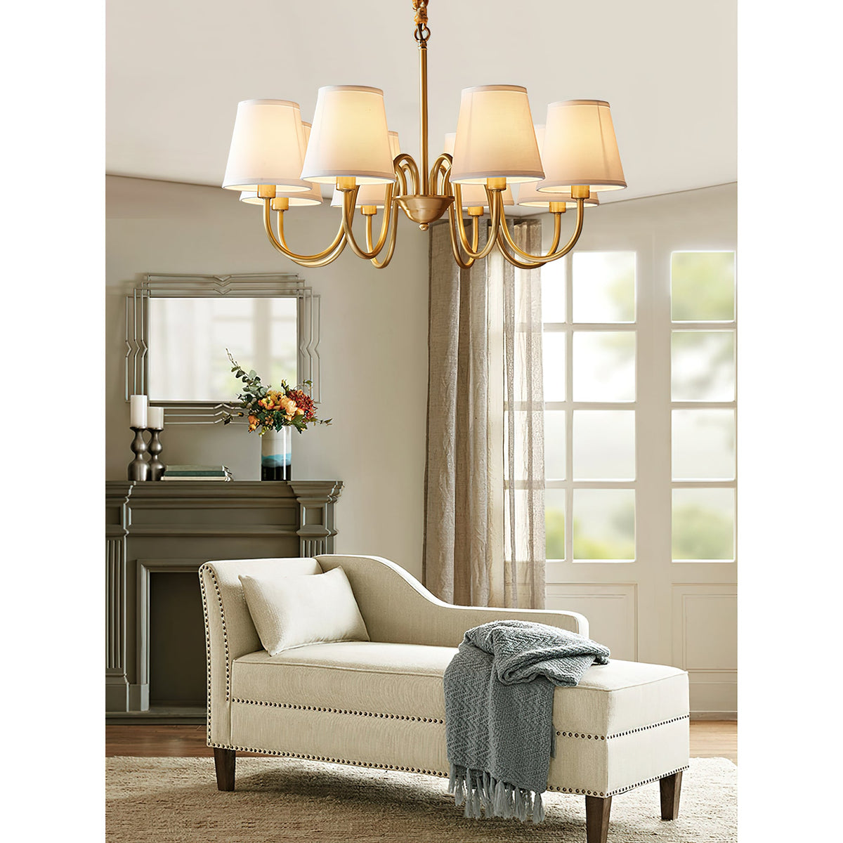 Aged Stacey Chandelier – Transitional Brass & Tailored Linen Shade Candelabra Chandelier