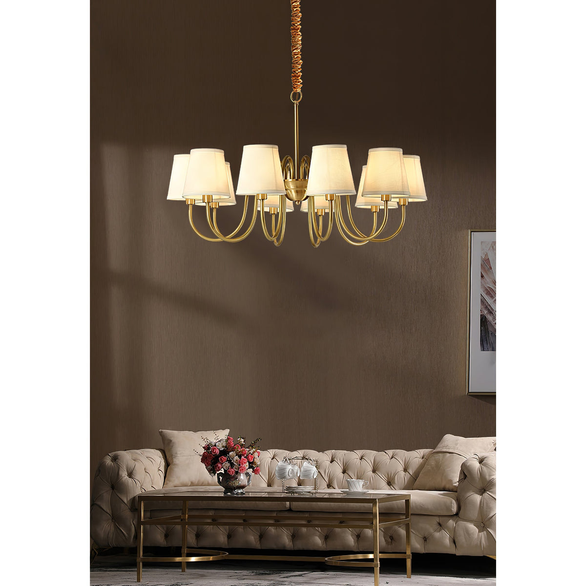 Aged Stacey Chandelier – Transitional Brass & Tailored Linen Shade Candelabra Chandelier