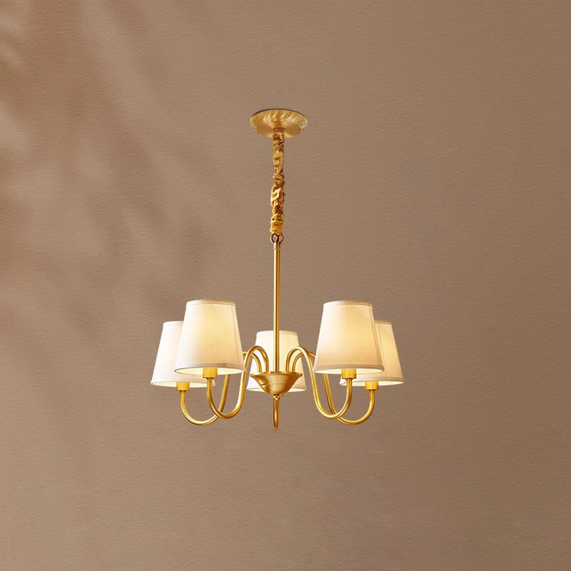 Aged Stacey Chandelier – Transitional Brass & Tailored Linen Shade Candelabra Chandelier