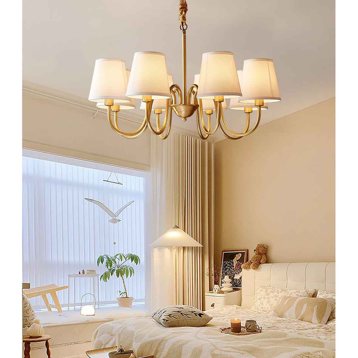 Aged Stacey Chandelier – Transitional Brass & Tailored Linen Shade Candelabra Chandelier