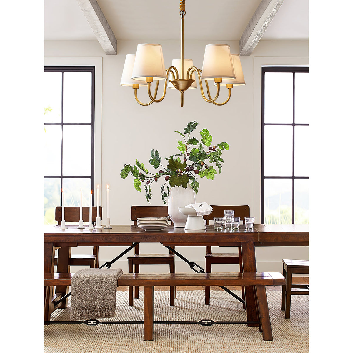 Aged Stacey Chandelier – Transitional Brass & Tailored Linen Shade Candelabra Chandelier