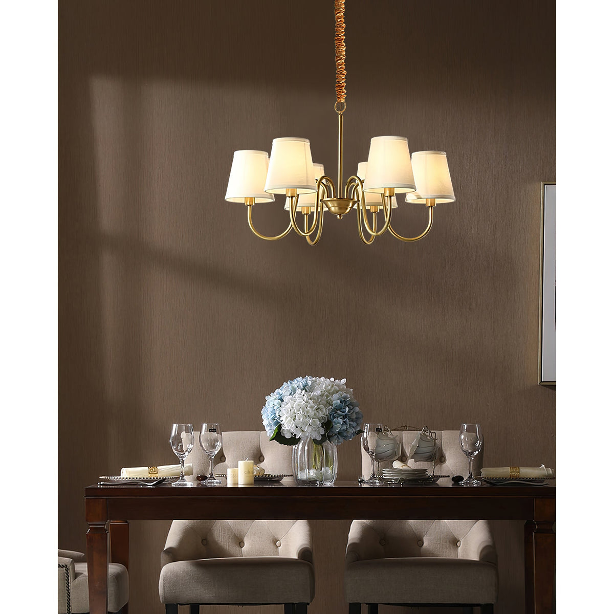 Aged Stacey Chandelier – Transitional Brass & Tailored Linen Shade Candelabra Chandelier