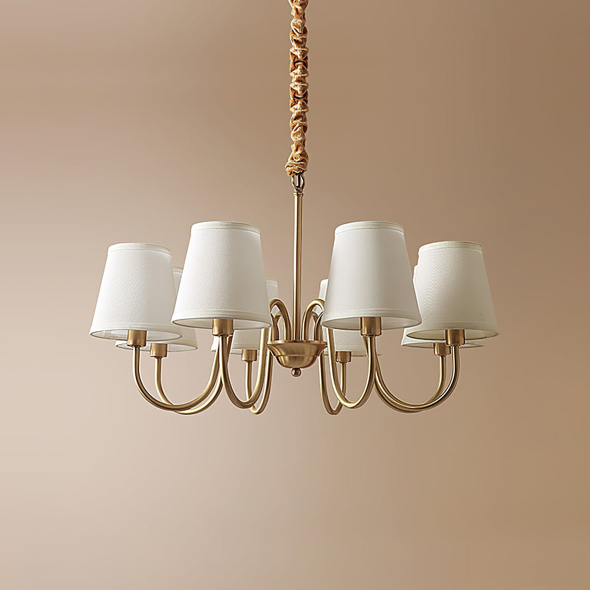 Aged Stacey Chandelier – Transitional Brass & Tailored Linen Shade Candelabra Chandelier