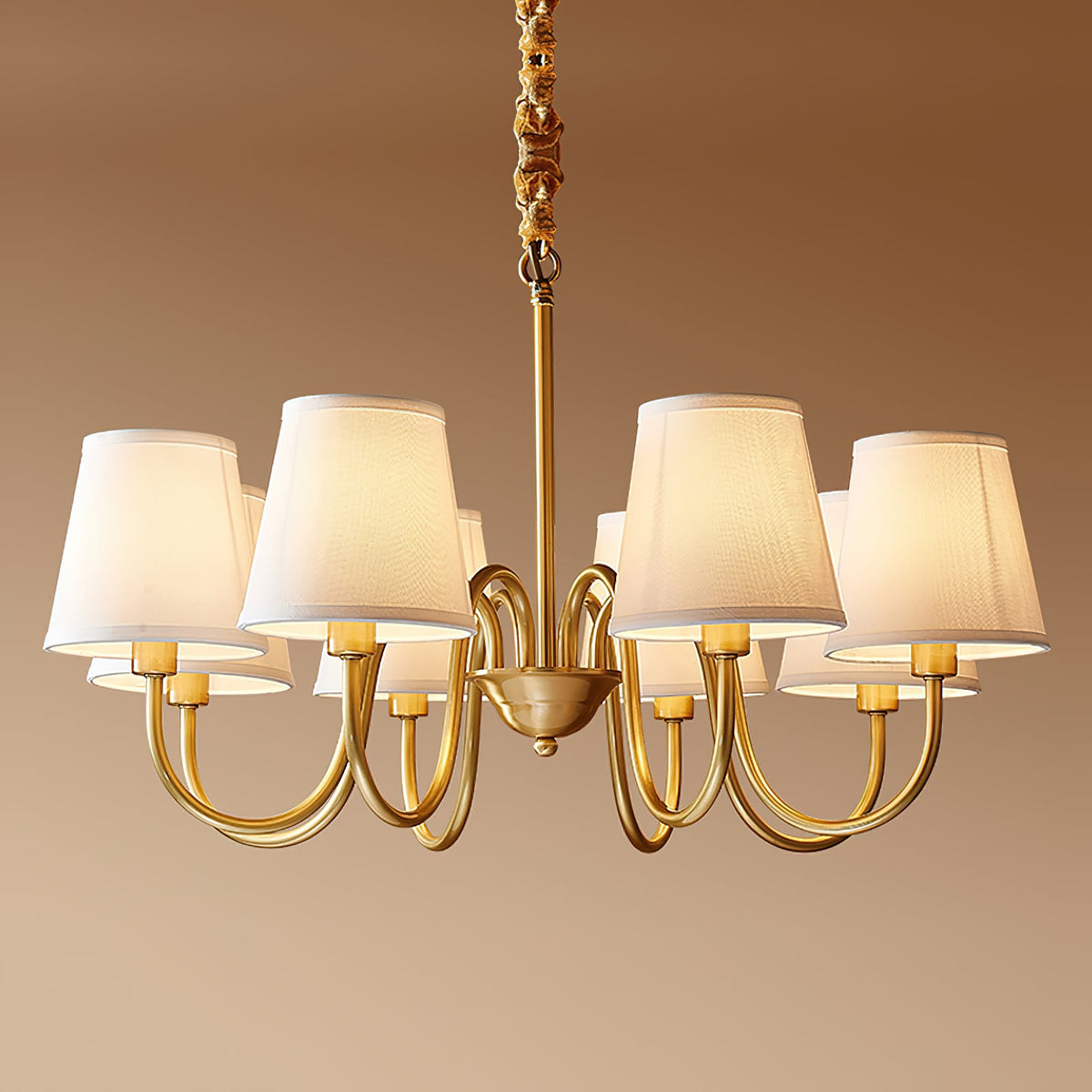 Aged Stacey Chandelier – Transitional Brass & Tailored Linen Shade Candelabra Chandelier