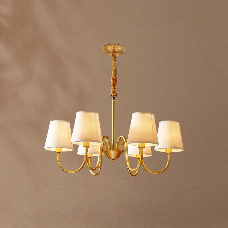 Aged Stacey Chandelier – Transitional Brass & Tailored Linen Shade Candelabra Chandelier