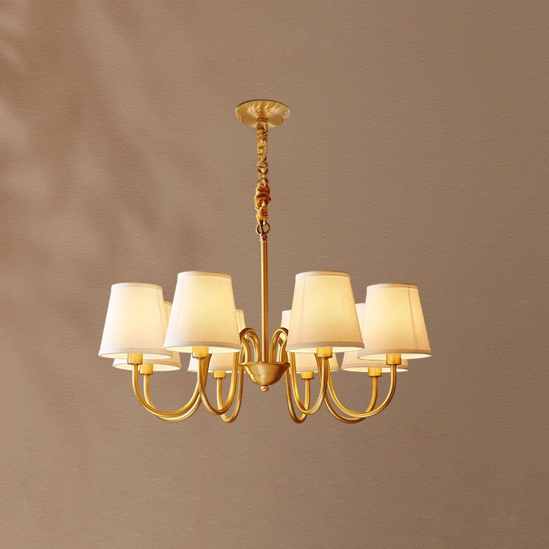 Aged Stacey Chandelier – Transitional Brass & Tailored Linen Shade Candelabra Chandelier
