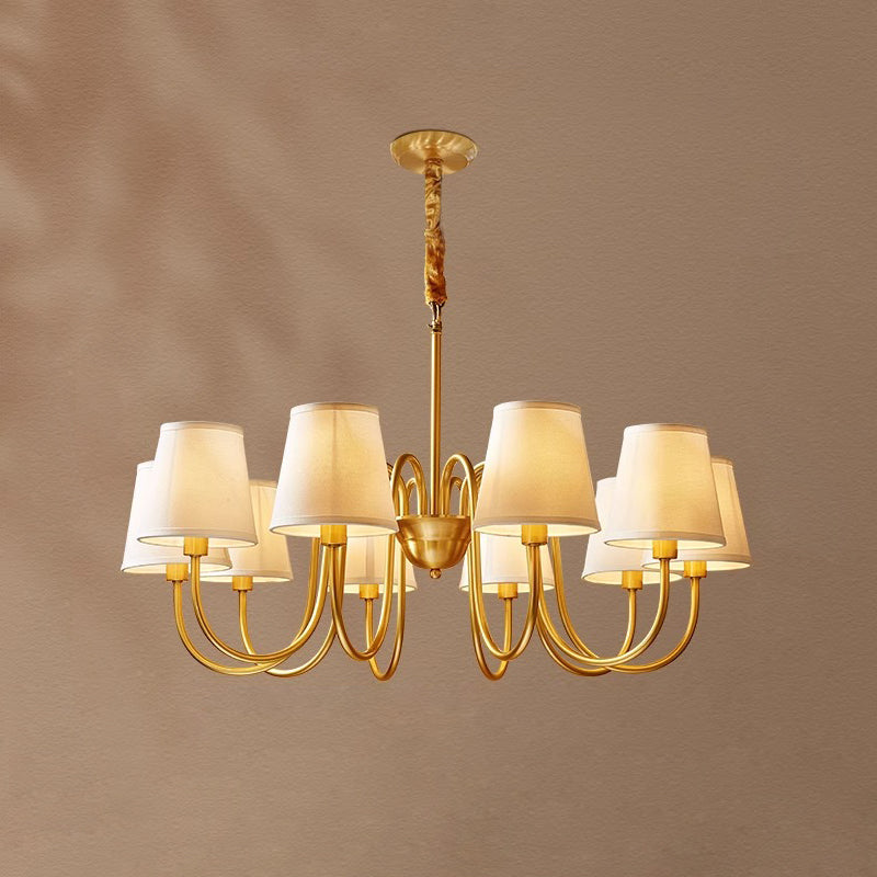 Aged Stacey Chandelier – Transitional Brass & Tailored Linen Shade Candelabra Chandelier