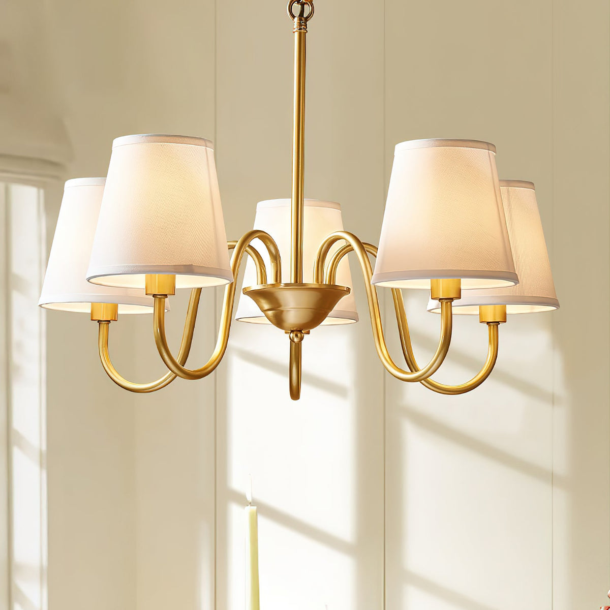 Aged Stacey Chandelier – Transitional Brass & Tailored Linen Shade Candelabra Chandelier